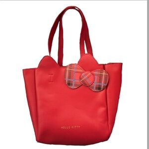 Hello Kitty Red Tote Bag Tartan Check Ribbon PU